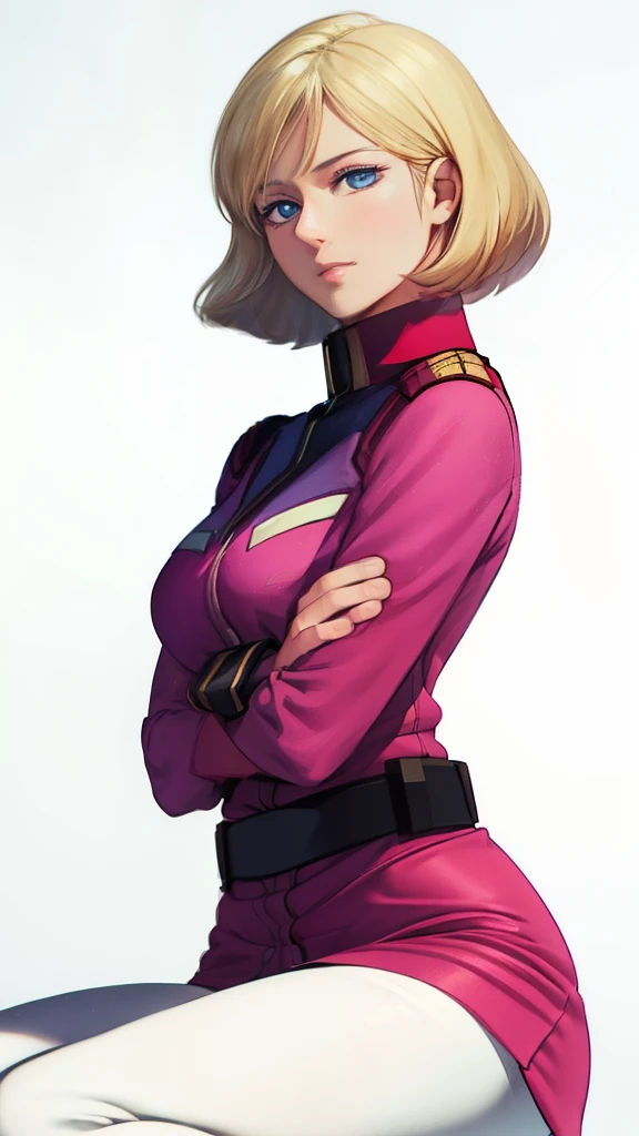 1girl in, sayla mass, Elegant, masutepiece, Convoluted, Army pink uniform dress with super miniskirt so short you can see your pants、Squatting down and showing white panties、Super miniskirt You can see the pants in the miniskirt、White panty、Realistic, Best Quality, absurderes, high face detail, Perfect eyes, 18 years old, Cowboy Shot, realization、, Vibrant colors, Pink Uniform, Skirt
