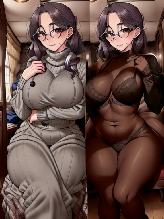overweight old-fashioned young woman in a grey turtleneck, glasses, close-up, solo, masterpiece, beautiful