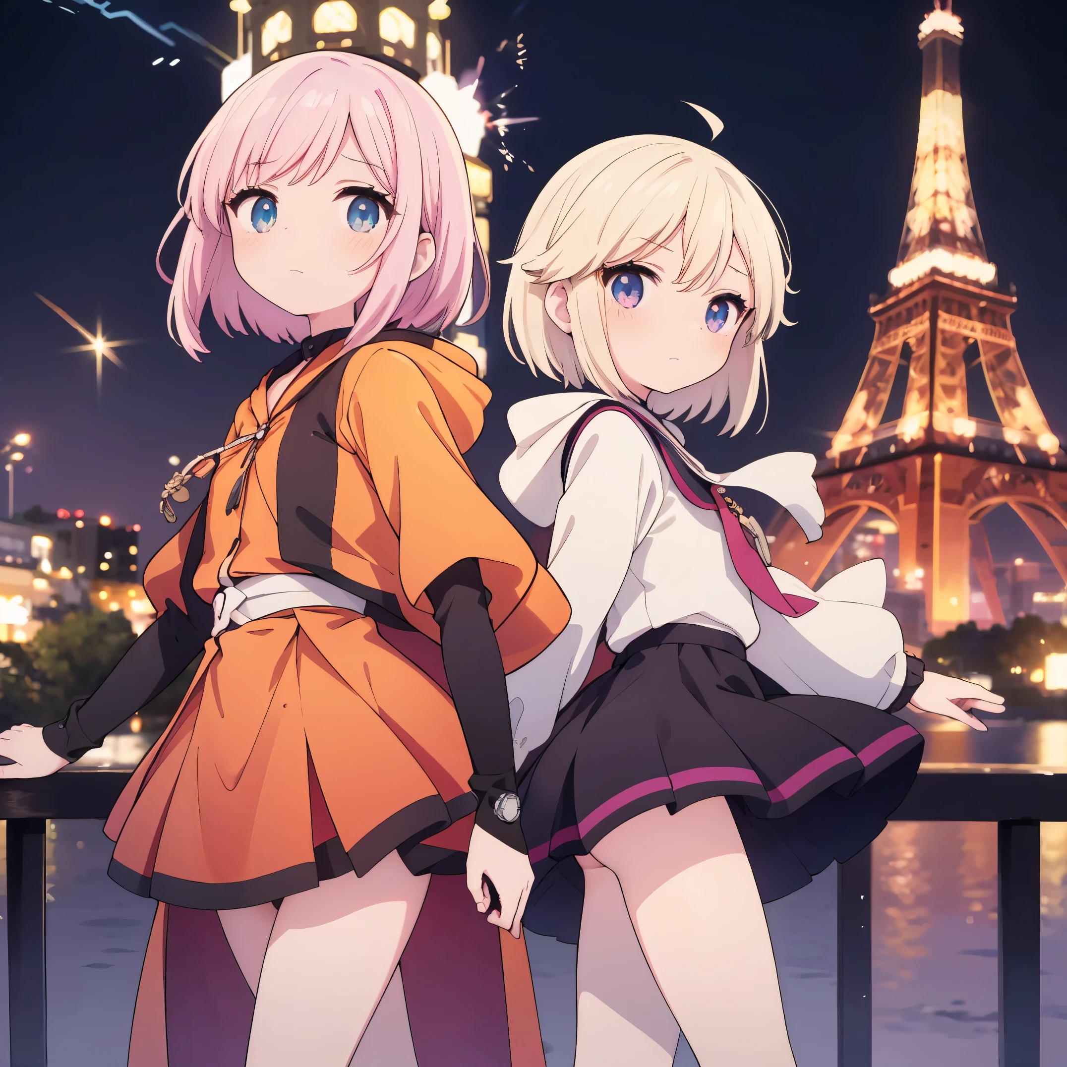 top-quality，in 8K，｛2 children｝｛elementary student｝Full limbs，complete fingers，With Tokyo Tower in the background at night，platinum pink short hair，｛In front of the flashy illumination tower｝（Spark）child turning around，Beautiful ass，｛Girl in Down Jacket｝《Adorable face》，｛great emotions.｝，