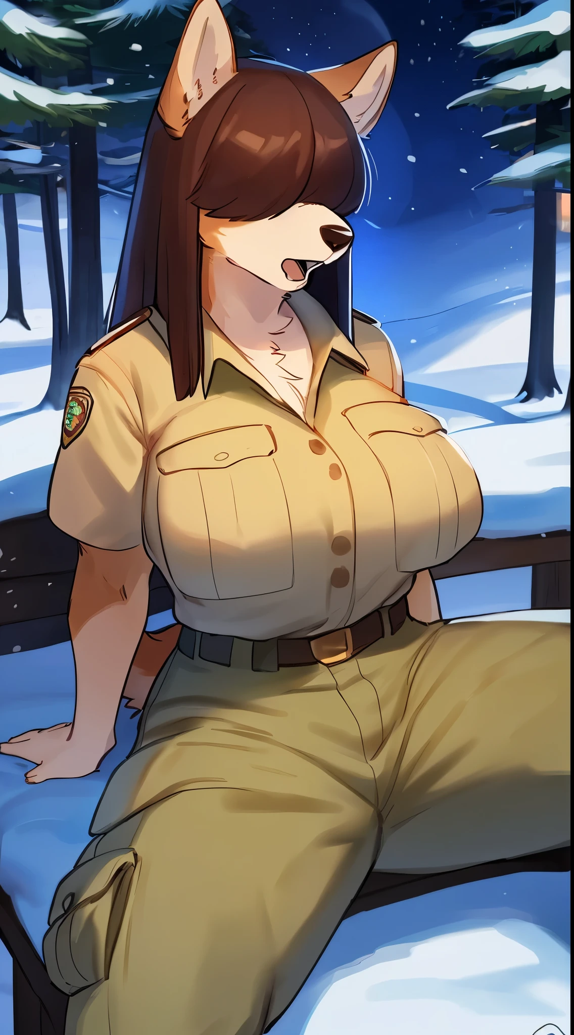 By bebebebebe, by lostgoose, by goonie-san, female, ((canine, snout, hair covering eyes, straight hair, medium hair, flat hair, ears, thin snout)), brown fur, big poofy tail, raised tail, dark maroon hair, (muscular, big breasts), solo, exhausted, breathing out, open mouth, (park ranger uniform, tan uniform, green cargo pants), forest, (sitting down), snow, snowing, night time, moon, leaning back
