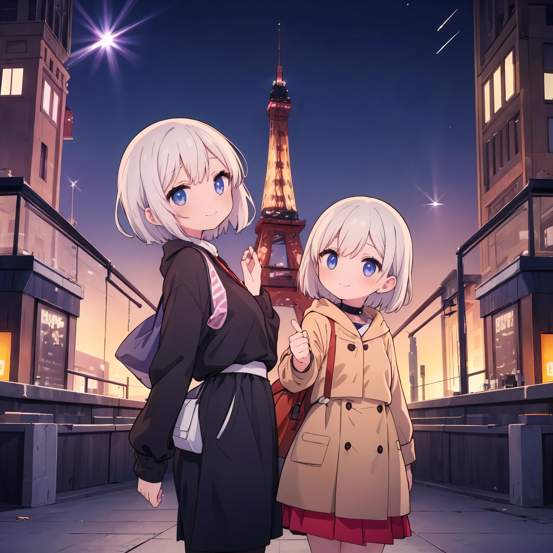 top-quality，in 8K，｛2 children｝｛elementary student｝Full limbs，complete fingers，With Tokyo Tower in the background at night，platinum pink short hair，｛In front of the flashy illumination tower｝（Spark）Smiling child，Beautiful body，｛girl in baggy clothes｝《Adorable face》，｛great emotions.｝，