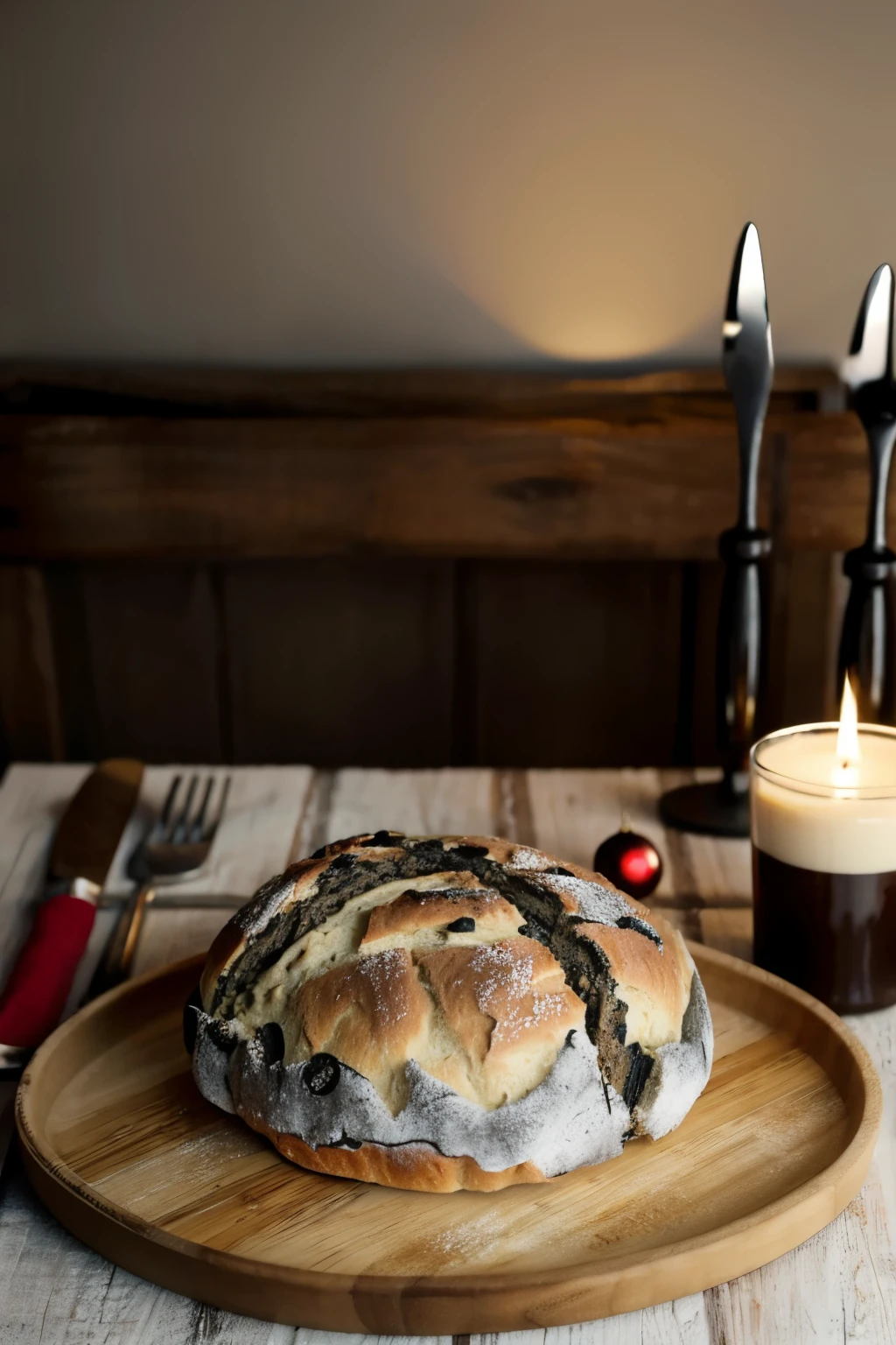 Creamy Oreo Bread，bread on bamboo plate，The table is covered with cloth，There are knives and forks on the table，There is a Christmas tree in the back，There are English newspapers，There are knives and forks next to it，， top picture，Bread unchanged，The beautiful，high high quality，highlight bread，against a warm background，Advancedsense，Christmas atmosphere，tmasterpiece