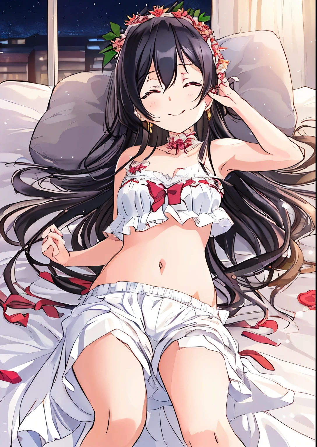 ((masterpiece quality)), (1 girl), lying on queensize bed, (gentle housewife, , full body, depth of view, petite and short figure girl, cute and little girfect woman, medium cleavage, mature aura:1.5), (masterpiece, best quality, HD Pictures, 4K:1.1), outdoor, very long hair, bangs, gentle look, gentle smile, gentle eyes, mature looking, pinkish cheeks, very detailed eyes, very detailed pupils, very detailed ridiculously long black hair, detailed face, detailed ruby red eyes, full body, look up to viewer, detailed long black hair, (lying on queensize bed on big fluffy pillow, happy gentle face, warm smile, wearing exposing flirting naughty sexy night gown, floral head accessories, blushing red cheeks:1.3), (gentle smile and gentle look towards viewer, both arms opened, arms reaching for viewer, arms up showing both detailed armpits:1.4)