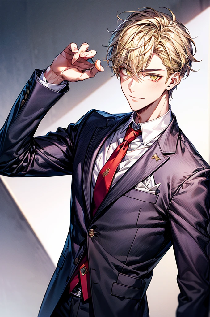 a handsome man, Handsome pose、Depiction in motion、1 male、Face Focus，Young men，short yellow hair，Yellow eyes、A smile，gray blazer uniform，White shirt、Red tie、trouser，beautiful eye quality，facial detailing，schools、modeled