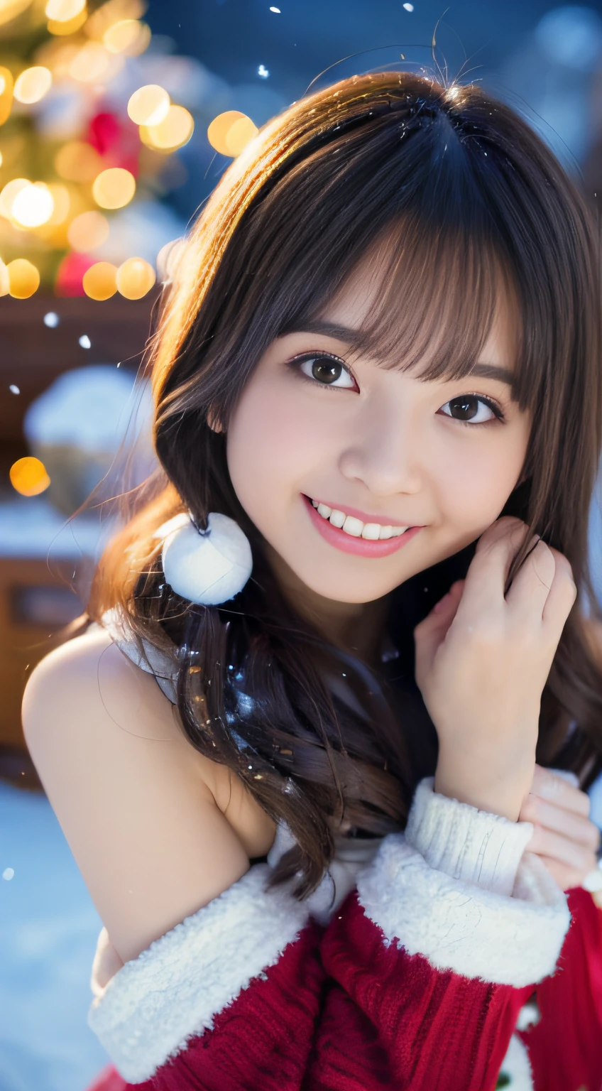 (Best Quality,4K,hight resolution,masutepiece:1.2),Realistic,Christmas,girl,Hugging a big teddy bear,stuffed animal,Wear warm clothes,Snow falling in the background,Winter wonderland,Joyful expression,Magical atmosphere,Soft lighting,Vivid colors,Happiness,laught,Welcoming environment,Warmth,Smiling eyes,Curly hair,Shimmering decoration,Twinkling lights,wrapped present,Rooftop with Santa Claus and reindeer flying in the distance,magic snowflake,オーナメント付きのChristmasツリー,log cabin,curl up near the fireplace,hot chocolate with marshmallows,Peace and quiet,Excitement and anticipation,Snowy landscape,Enchanted moments,Playful laughter,Upholstered stockings,Holiday spirit,love and togetherness.thighs thighs thighs thighs、off shoulders