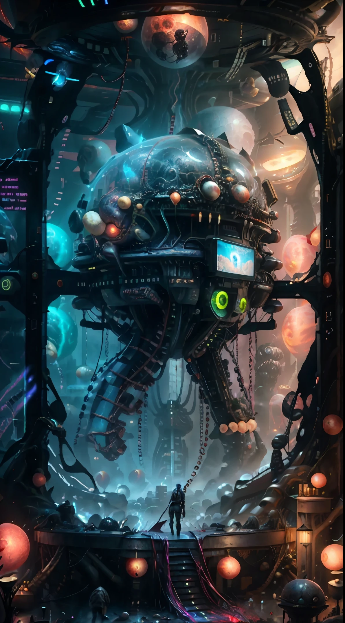 Vertical digital illustration surreal and visionary art mixed sci-fi terror cosmic comics, to wide angle city buildings with carbon fiber , multidimensional creatures based carbon fiber life, the city It feeds on blood, neon lights, post apocalyptic, multichromatic, devil creatures, Encapsulated nature, tree inside a glass capsule, blood moon Vanishing , capsules_ blood biobattery, unified theory, hr giger, frank Frasetta, Alex Gray, dark psychodelic, vivid color, depth of fie, motors, wires, buttons, lcd, artstation trending, unreal engine 5