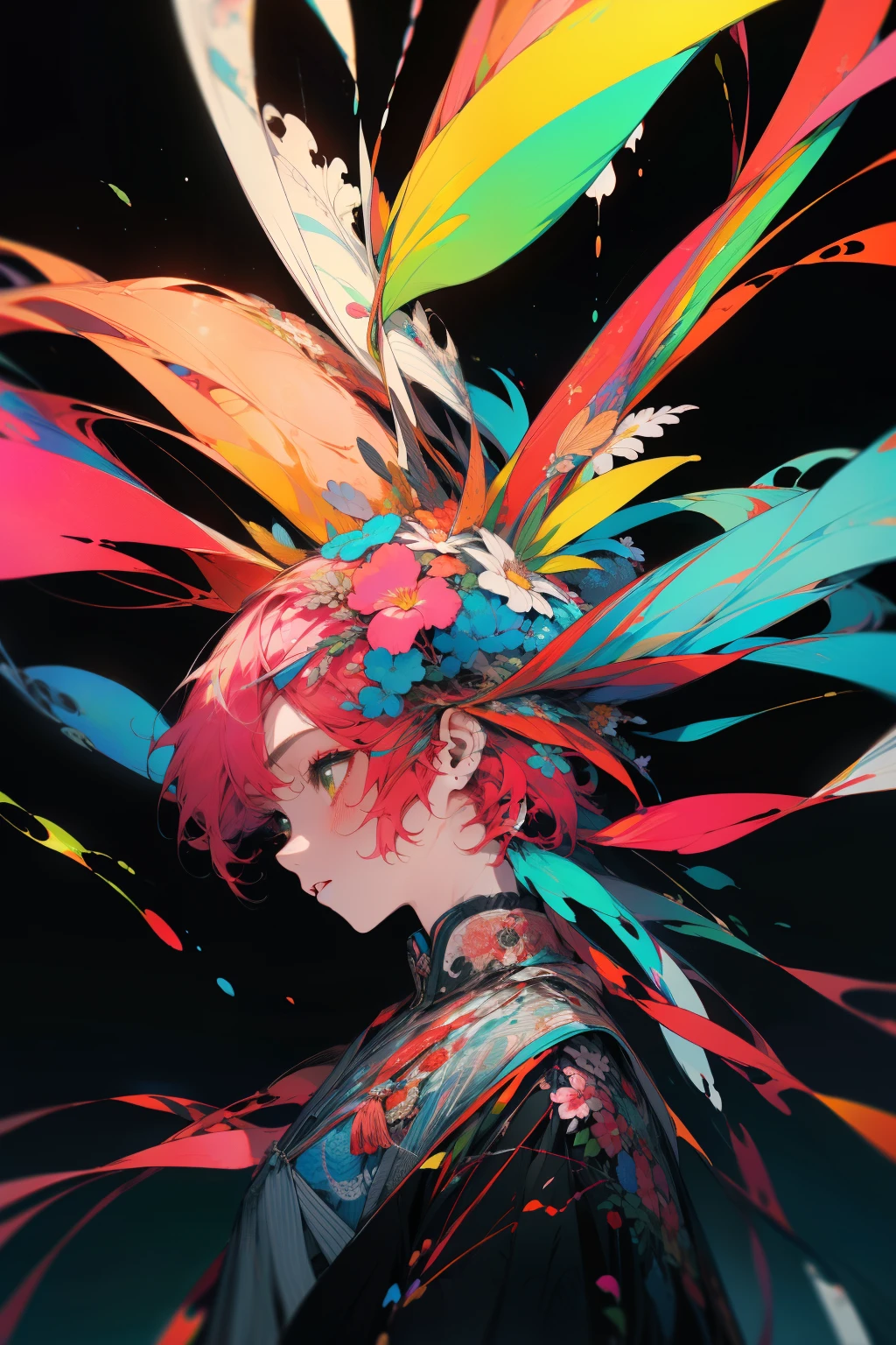 masterpiece: 1.7,、top-quality、(ultra-detailliert、Best Shadow:1)、(1girl in、独奏、From Side)、ighly detailed、(Abstract background、Zentangle、Fractal Art:1.3)、(Many colors、colourfull:1.5)、(pluma、floralsびら、florals:1.3)、dynamicposes、耳环