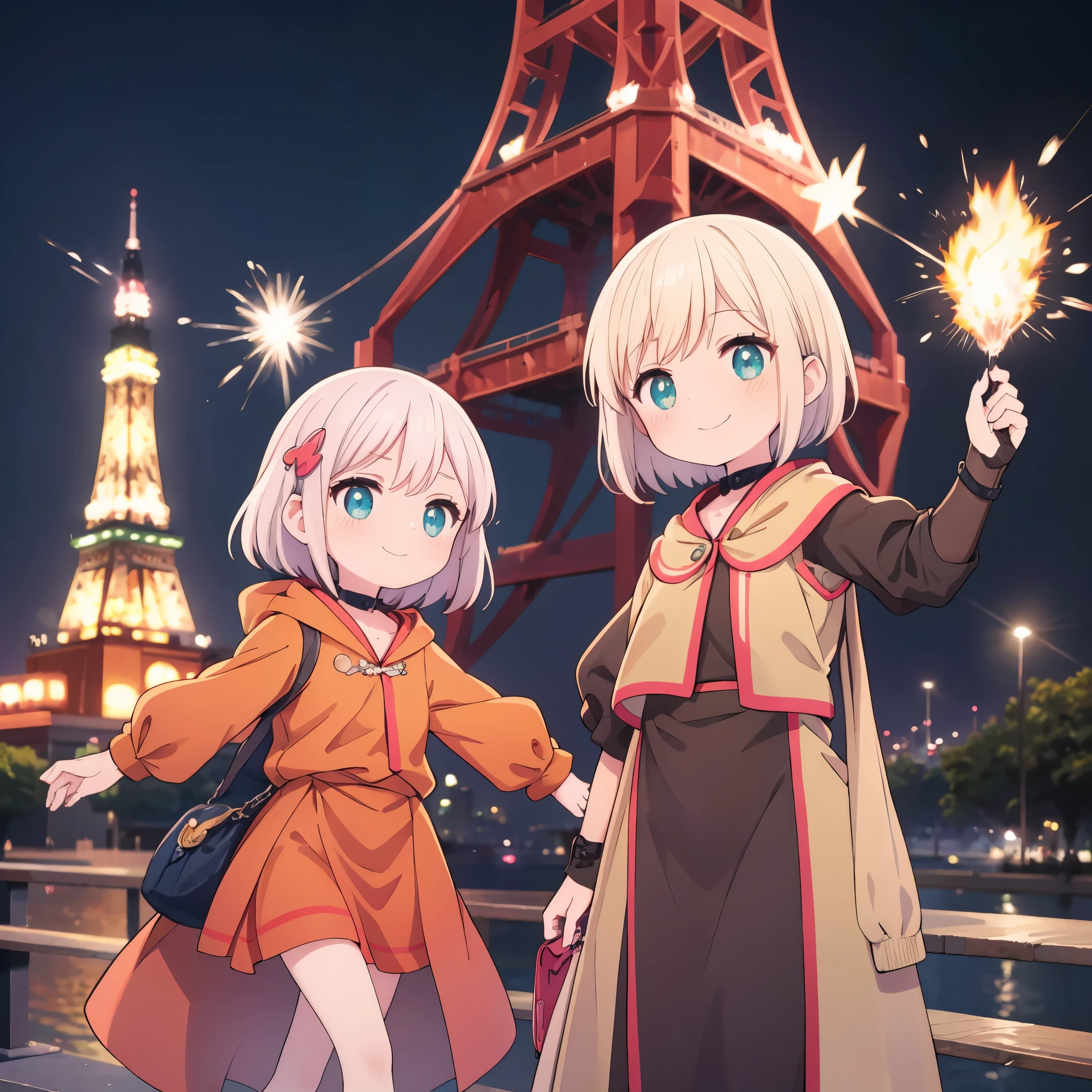 top-quality，in 8K，｛2 children｝｛elementary student｝Full limbs，complete fingers，With Tokyo Tower in the background at night，platinum pink short hair，｛In front of the flashy illumination tower｝（Spark）Smiling child，Beautiful body，｛girl in baggy clothes｝《Adorable face》，｛great emotions.｝，