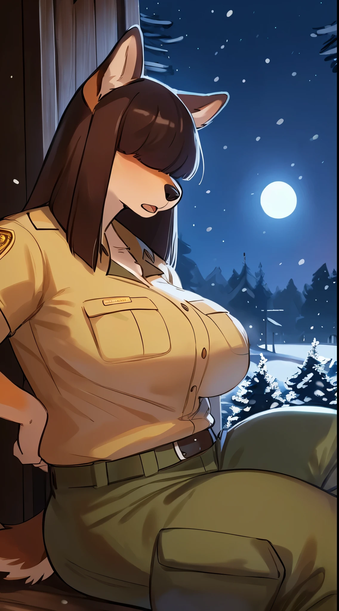 By bebebebebe, by lostgoose, by goonie-san, female, ((canine, snout, hair covering eyes, straight hair, medium hair, flat hair, ears, thin snout)), brown fur, big poofy tail, raised tail, dark maroon hair, (muscular, big breasts), solo, (tan and green park ranger uniform), (winter, forest), sitting, leaning back, (gasping, open mouth, mouth full of cum, cum filled mouth, so much cum, cum, drooling cum, lots of cum, cum all over face and chest), cleavage, cum on tits, blushing