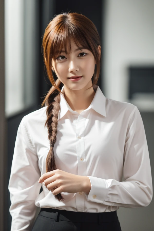 makima, makima, long hair, smile, bangs, small breasts, (yellow eyes:1.2), braid, red hair, braided ponytail, ringed eyes, BREAK shirt, long sleeves, jacket, white shirt, necktie, collared shirt, pants, black jacket, black pants, formal, suit, black necktie, shirt tucked in, office lady, BREAK indoors, office, BREAK looking at viewer, BREAK (masterpiece:1.2), best quality, high resolution, unity 8k wallpaper, (illustration:0.8), (beautiful detailed eyes:1.6), extremely detailed face, perfect lighting, extremely detailed CG, (perfect hands, perfect anatomy),