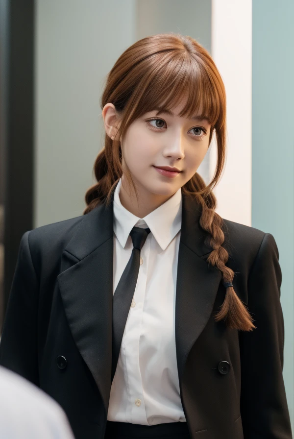 makima, makima, long hair, smile, bangs, small breasts, (yellow eyes:1.2), braid, red hair, braided ponytail, ringed eyes, BREAK shirt, long sleeves, jacket, white shirt, necktie, collared shirt, pants, black jacket, black pants, formal, suit, black necktie, shirt tucked in, office lady, BREAK indoors, office, BREAK looking at viewer, BREAK (masterpiece:1.2), best quality, high resolution, unity 8k wallpaper, (illustration:0.8), (beautiful detailed eyes:1.6), extremely detailed face, perfect lighting, extremely detailed CG, (perfect hands, perfect anatomy),