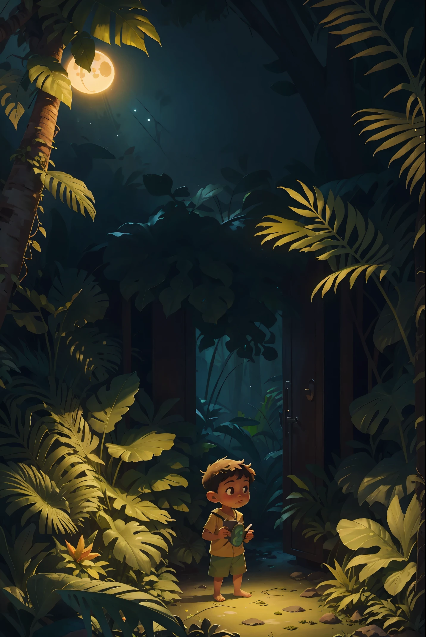 Depict a tropical rainforest in the style of a children&#39;s illustration，((the night))，Quiet atmosphere，(((No Man)))，