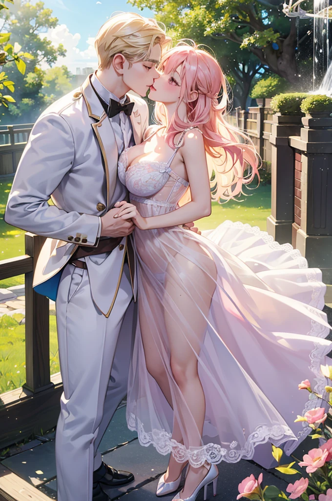 kiss、kiss、a couple、Lovers、Romance、Overflowing、Full body painting、Fluttering chest、Sheer lace underwear、Underwear to take off、teats、teatsが透ける、ピンクteats、pink areolae、clit、Inter-strands、a coupleポーズ, Engaging pose, kissing together cutely, passionate pose, 素敵なa couple, 1 male,(blonde hair, Gold eyes、tall、190 cm、manly、Handsome man、Beautiful shape、Best style、Beautiful prince,Strong body、Sexy costumes、tall)(masutepiece, Digital Art, Digital Illustration, 4K, 8K, Ultra-detailed, beautiful image, Sharp Image, Photorealistic, Raw photo, Perfect face, Perfect lines, Perfect eyes, Soft lighting)、1 female(Pink hair,stright long hair、Pink eyes、cute large eyes,kindly smile、Flowers in the hair、小柄、huge tit、rise)、Staring at each other、Put your arms around your waist、hug、Grabbing the waist、is standing、araffe woman in a white lingerie posing for a picture, lingeries beauty, wearing sexy lingerie, , translucent dress, Translucent body, iridescent shiny sheer lingerie, sexy dress, wavy lingeries, smooth translucent white skin, lingerie, beautiful sexy woman photo, Sexy style, Lovely woman, Transparent dress, Open V chest clothes, young graceful、The fountain、splash water、izumi, sunny day in a park, bright sunny day、bright sunny summer day,blue-sky、shine、kirakira