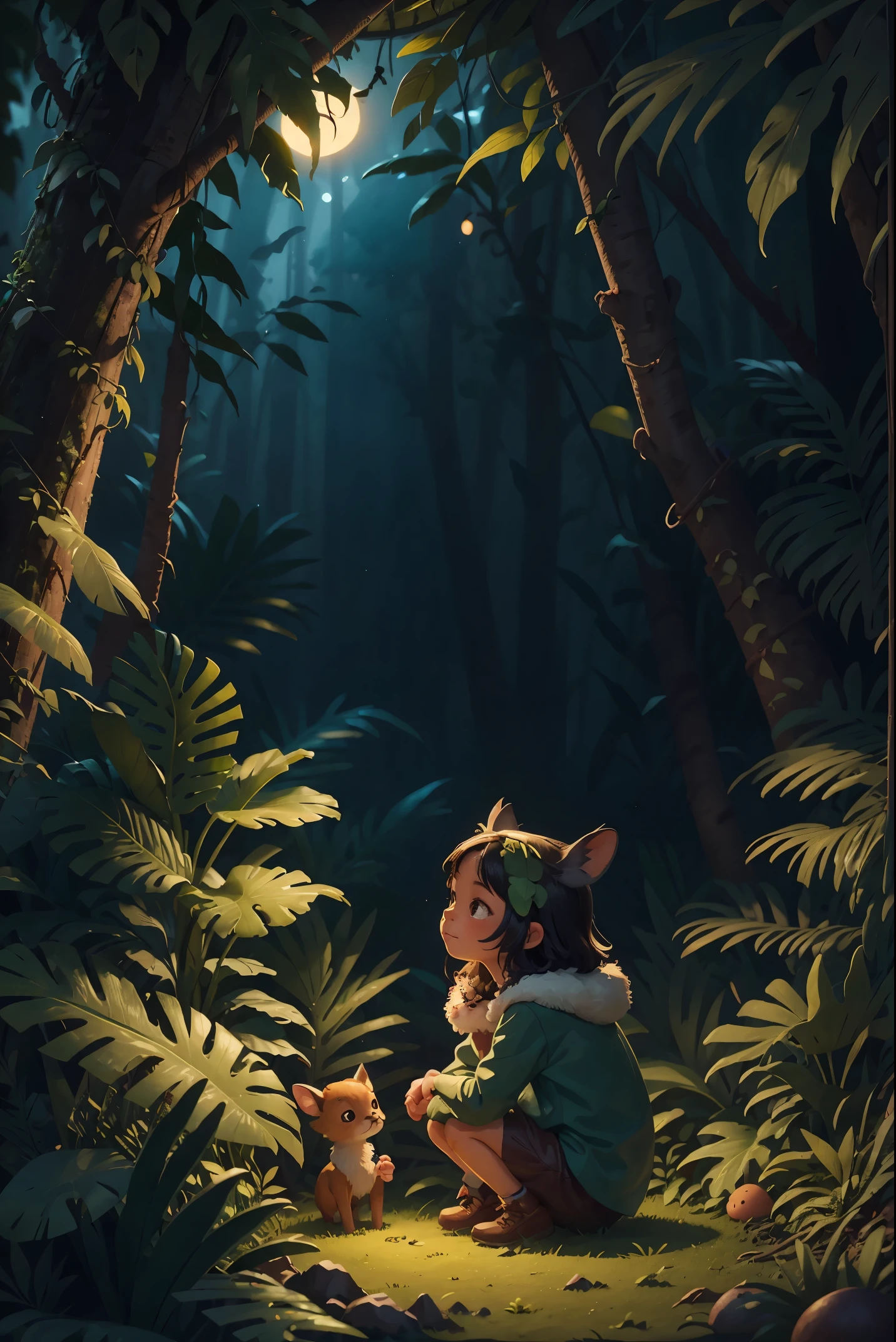 Depict a tropical rainforest in the style of a children's illustration,((the night)),Quiet atmosphere,A young deer stands in the woods,(((No Man))),