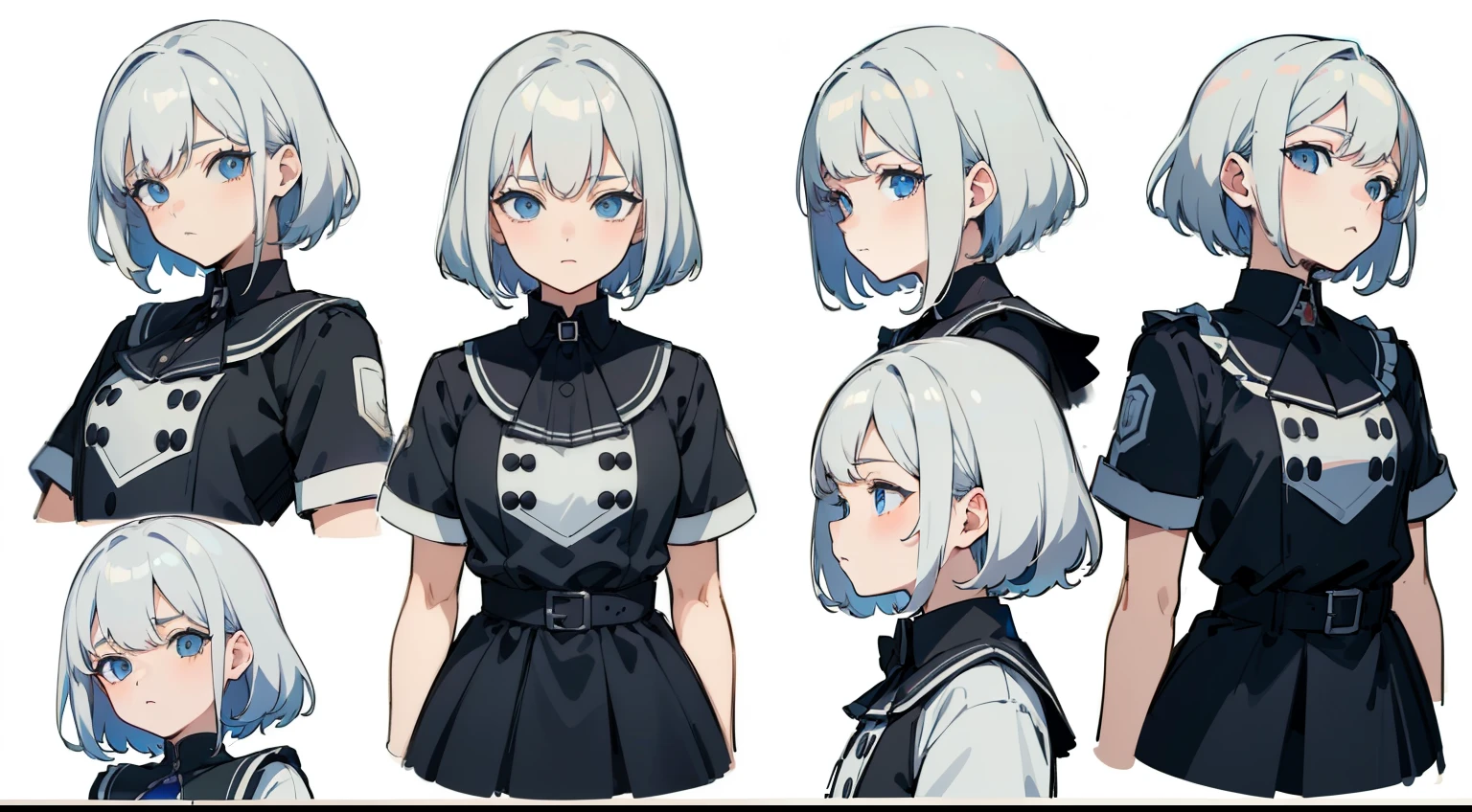 ((Masterpiece, Highest quality)), ((Tsurime)),Detailed face, character sheets, full bodyesbian, 1boys,shoun，children's，Babe， Blue eyes, White hair,  medium hair , hair between eye,Black loose blouse, Full of details, Multiple poses and expressions, Highly detailed, Depth, Many parts