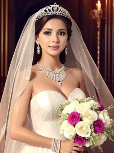 Lebanese lady, earrings, naked, necklace, bracelets, diamonds, 40 years old, strapless wedding dress, tiara and veil, bouquet