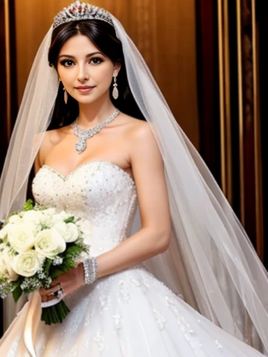 Lebanese lady, earrings, naked, necklace, bracelets, diamonds, 40 years old, strapless wedding dress, tiara and veil, bouquet