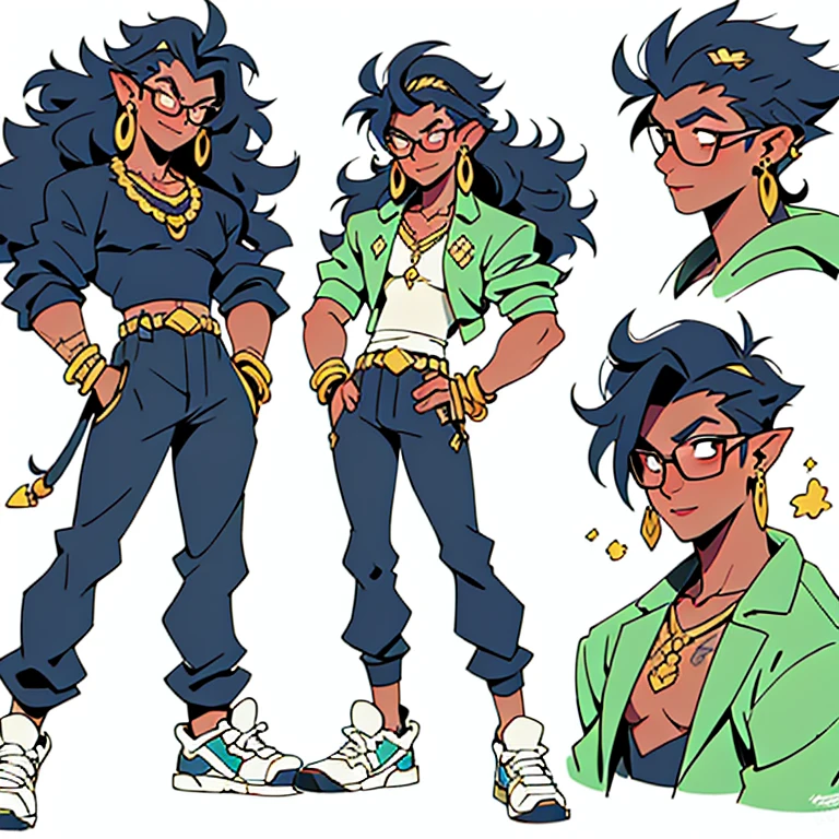 curly hair, dark skin, round glasses, men's Egyptian clothes, golden ear piercings, golden necklace, jojo bizarre adventure style, with defined body, killmonger character necklace