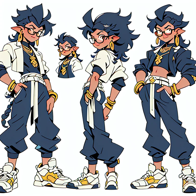curly hair, dark skin, round glasses, men's Egyptian clothes, golden ear piercings, golden necklace, jojo bizarre adventure style, with defined body, killmonger character necklace