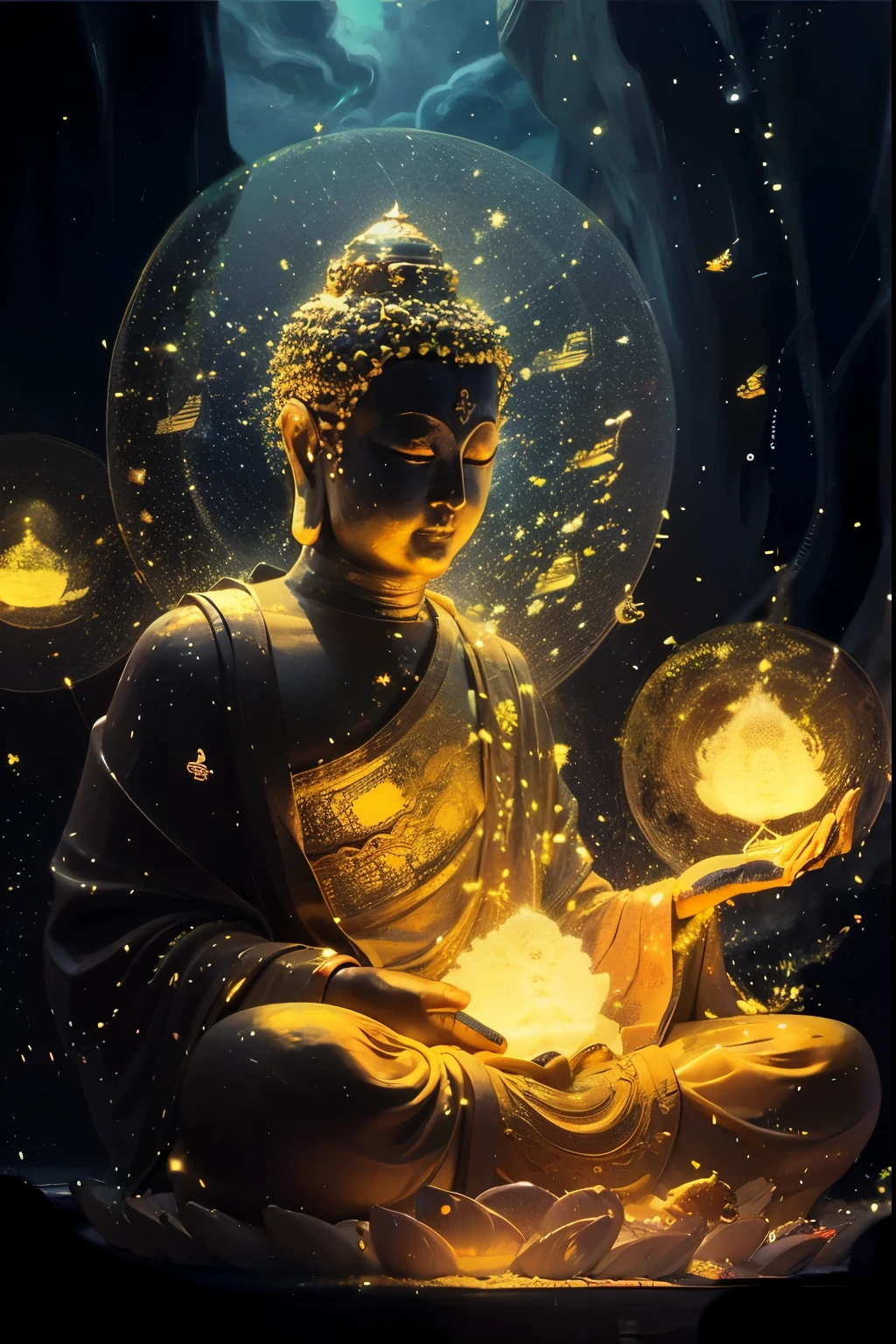 Buda com luzes brilhantes e um orbe brilhante, budismo, Uplighting. intrincado, brilhando por dentro, spiritual Uplighting, O Buda, on path to Uplighting, on the path to Uplighting, cosmic Uplighting, iluminado, beautiful depiction, emanating and flowing energy, Samsara, Aura dourada brilhante, um ser interdimensional, the sacred cup of understading