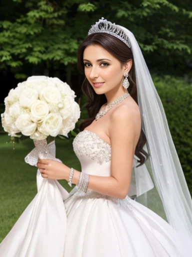 Lebanese lady, earrings, naked, necklace, bracelets, diamonds, 40 years old, strapless wedding dress, tiara and veil, bouquet, portrait