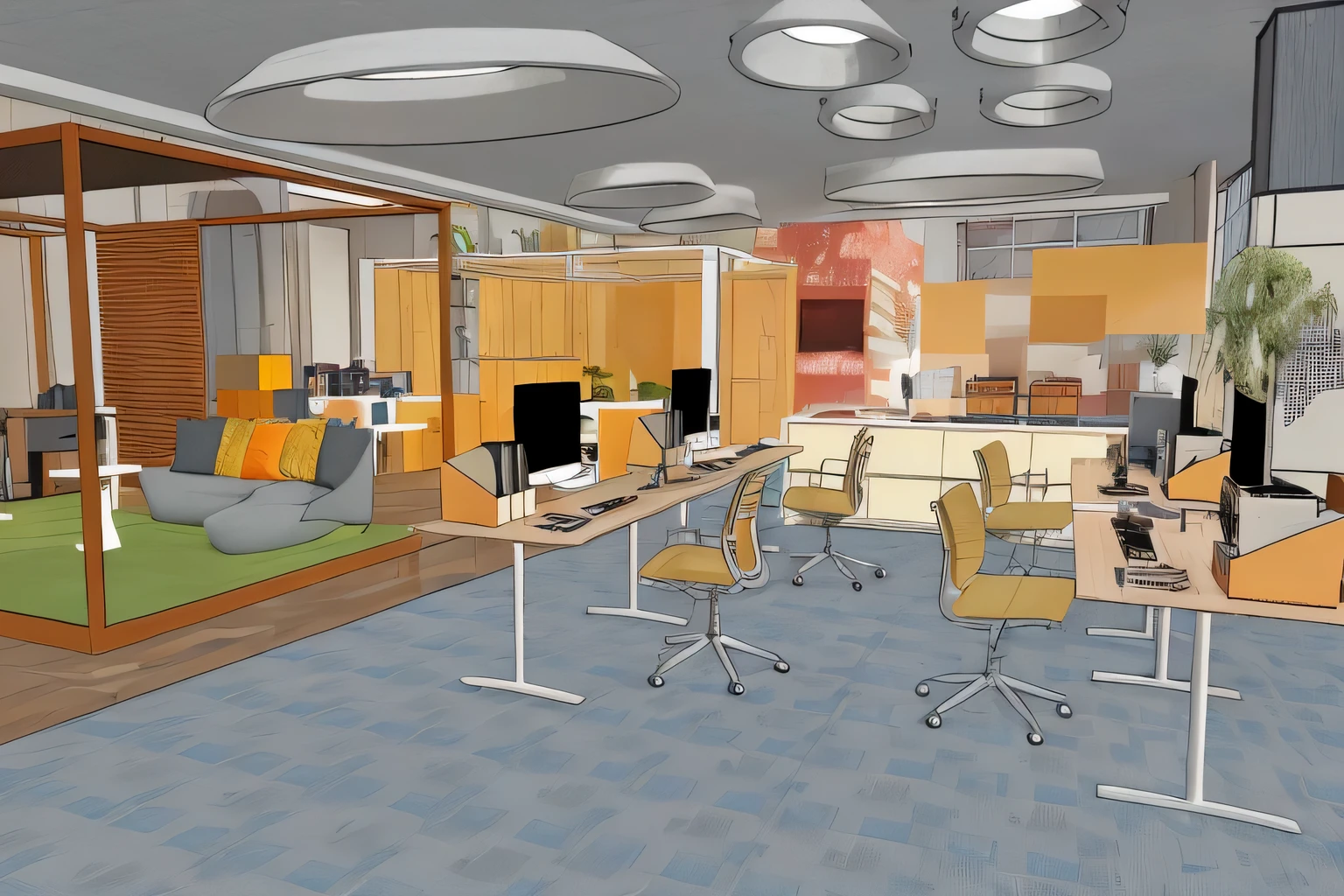 Rendering of modern office with tables and chairs, in an open workspace, 3D iOS room photo, Office room内部, a a digital renderinging, a digital renderinging, Render in enscape, Sharp Focus Illustration Headquarters, digitally drawn, cg render, a digital rendering, detailed render, library interior background, Office room, detailed renders, furniture concept photo!!