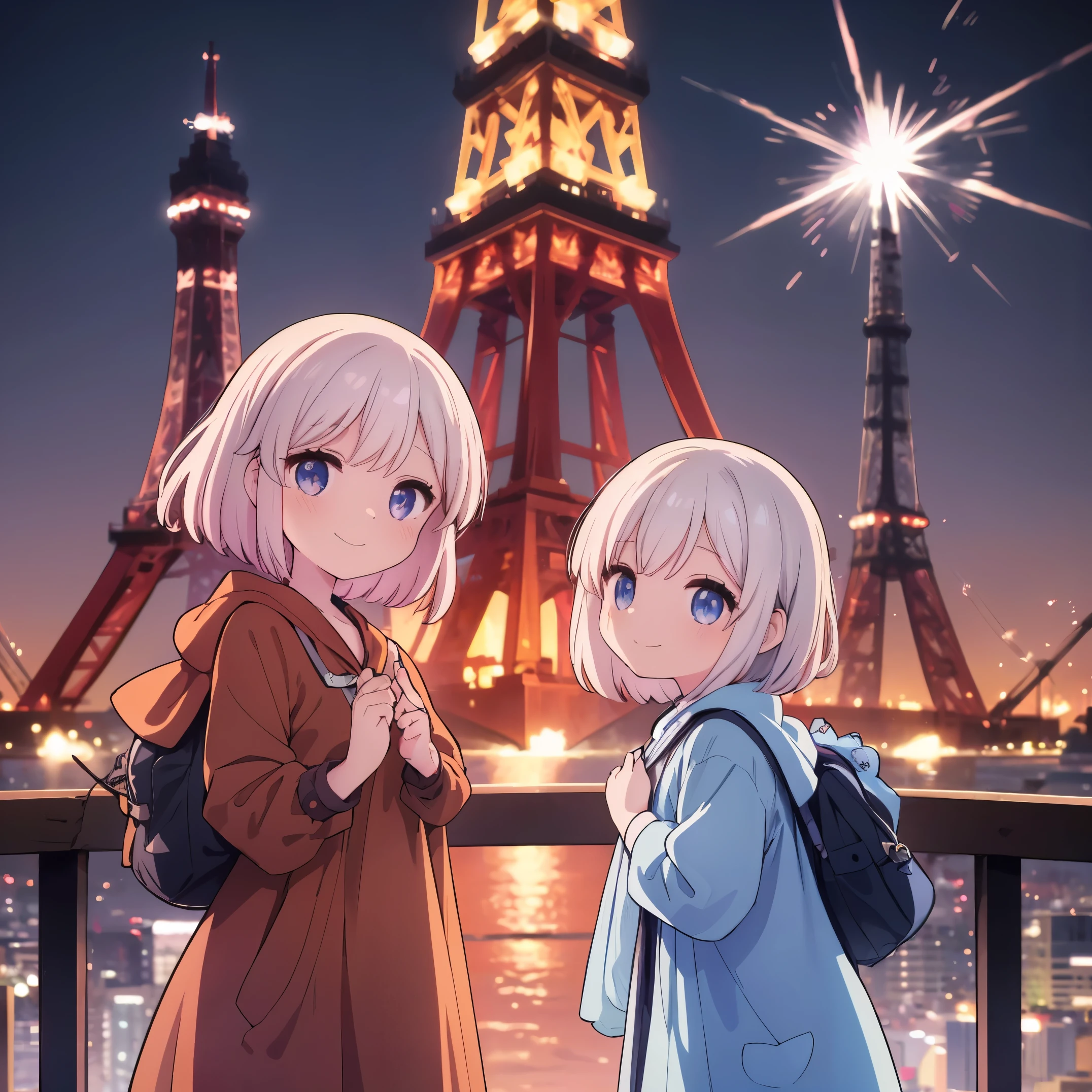 top-quality，in 8K，｛2 children｝｛elementary student｝Full limbs，complete fingers，With Tokyo Tower in the background at night，platinum pink short hair，｛In front of the flashy illumination tower｝（Spark）Smiling child，Beautiful body，｛girl in baggy clothes｝《Adorable face》，｛great emotions.｝，