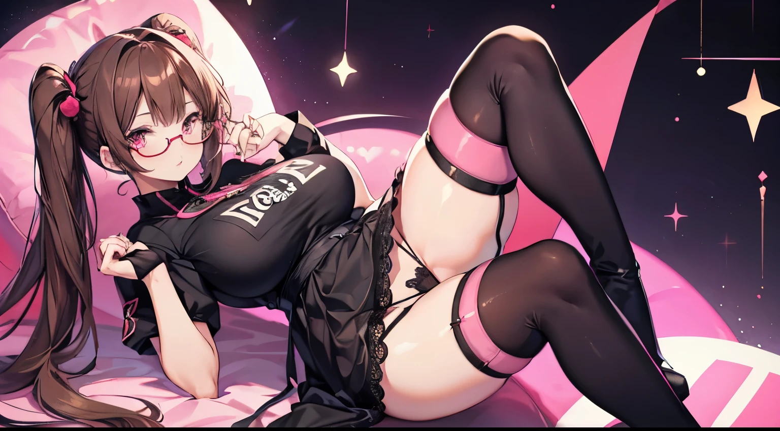 1girl, massive brest, long legs, brunette, pink eyes, boots, twoponytails, anime style, curvy, glasses, black dress, belly, big cheek, red lips, black stockings, garter belt, round faces, brunette