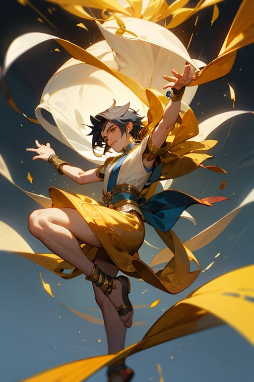 1boys,dunhuang,Gemini male warrior,has four armloating silk ribbons and hair,The second pair of arms wears hexagonal gold rings,He also wears a hexagonal gold ring on his ankle,The background is high in the sky