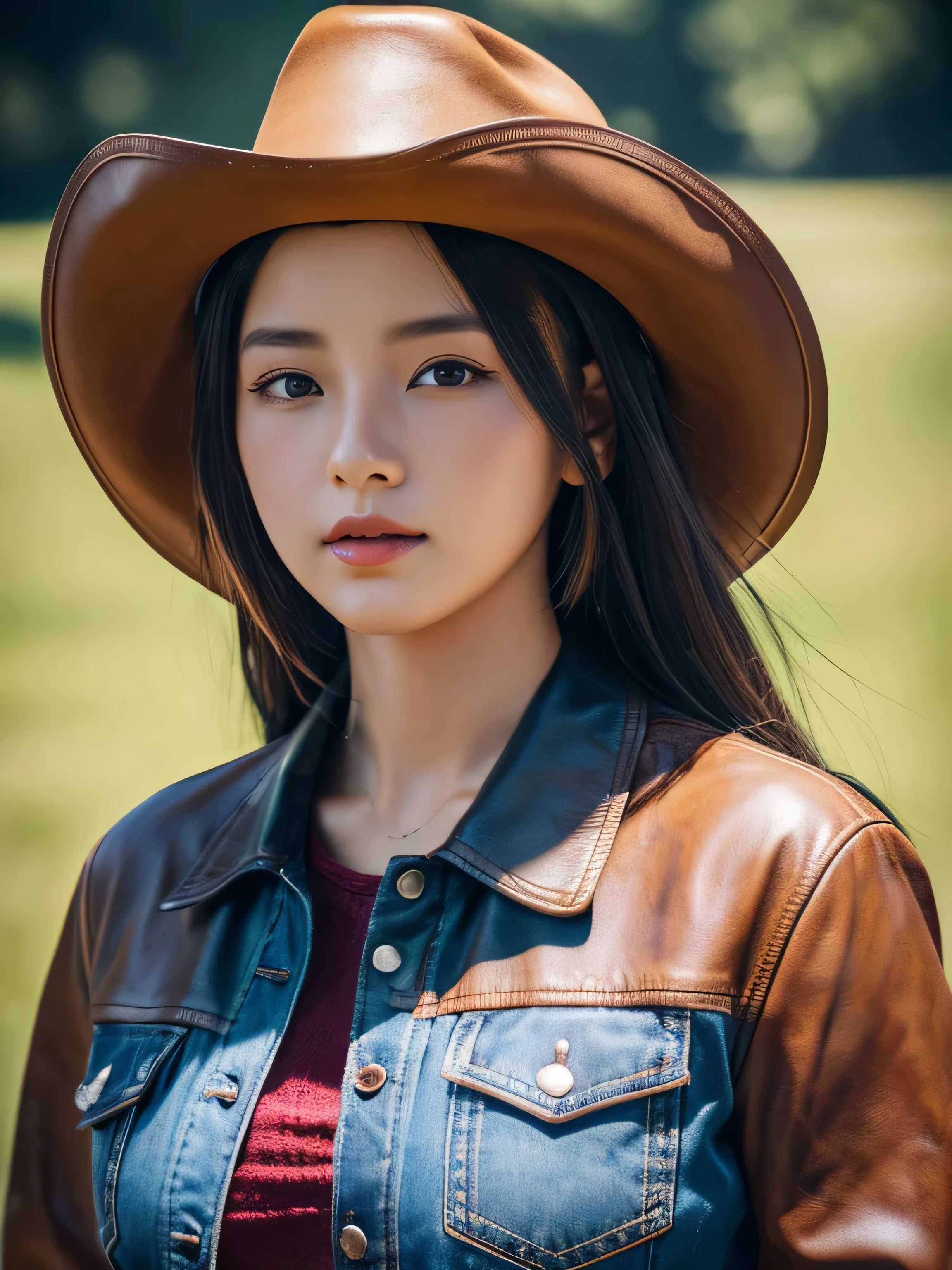 "Girl wearing a cowboy hat and leather jacket, Album cover art by Yang J, Social trend CG, beautiful witch cowboy, cowgirl, western cowgirl, forests, Dress up as the western sheriff., female cowgirl, korean girl" (bestquality, 10, highres:1.2), ultra-detail, (Realistic:1.37), portraits, vibrant colours, Warm light