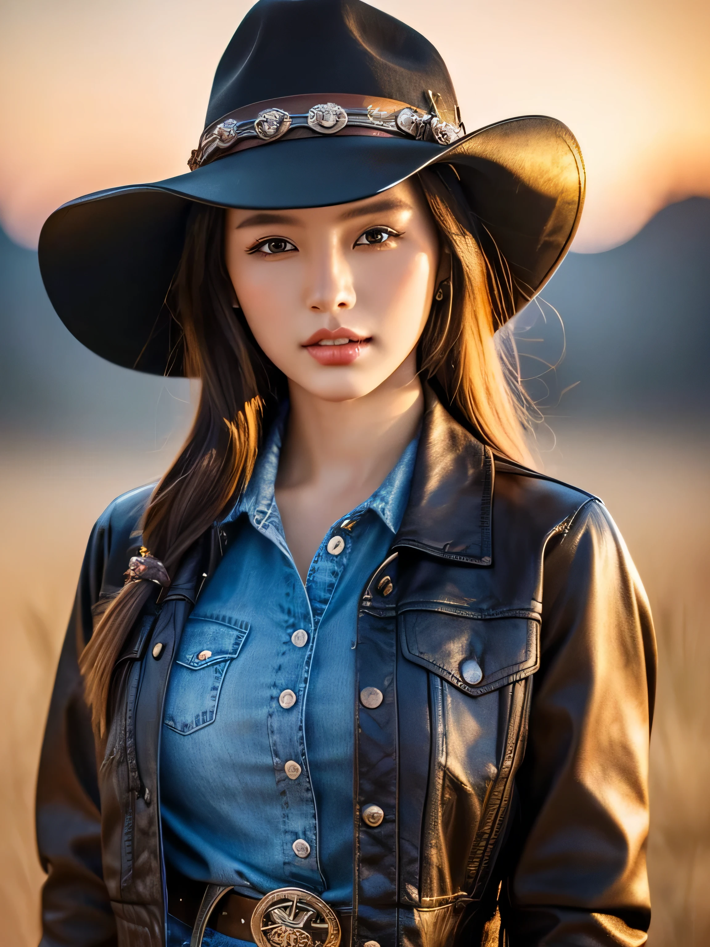 "Girl wearing a cowboy hat and leather jacket, Album cover art by Yang J, Social trend CG, beautiful witch cowboy, cowgirl, western cowgirl, forests, Dress up as the western sheriff., female cowgirl, korean girl" (bestquality, 10, highres:1.2), ultra-detail, (Realistic:1.37), portraits, vibrant colours, Warm light