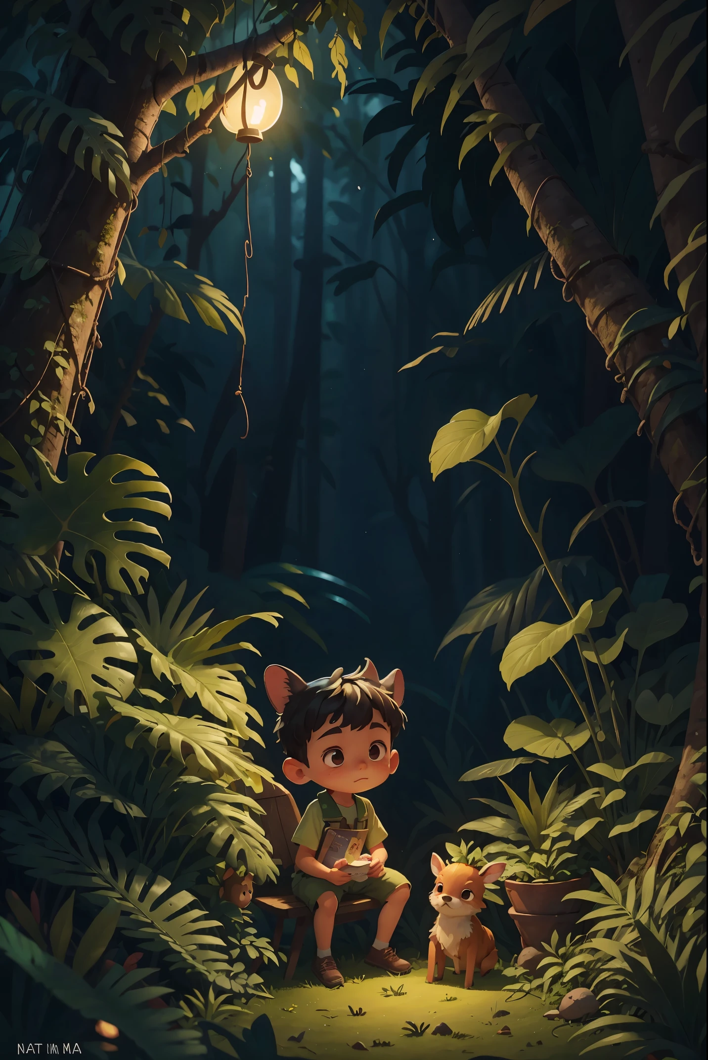 Depict a tropical rainforest in the style of a children&#39;s illustration，((the night))，Quiet atmosphere，A young deer stands in the woods，(((No Man)))，