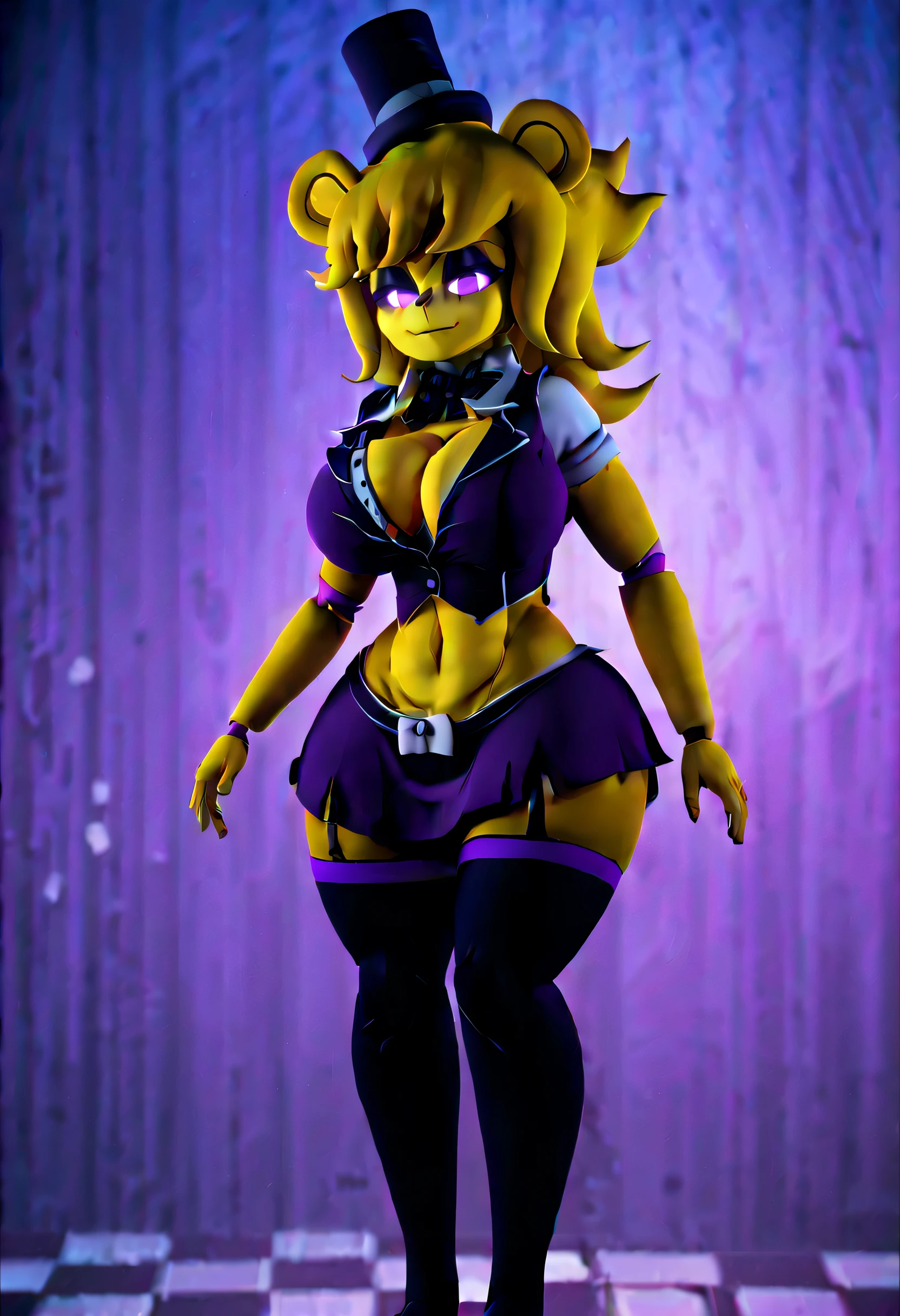 (best quality, masterpiece1.2), 1girl, solo, human, 3d render, cally3d, (type 0), yellow body, bandaged ear, top hat, bear ears, woman, blonde hair, yellow hair, purple top, cleavage, long skirt, neutral expression, (long hair:1.5), black eyes, no pupils, sexy, detailed, extreme detail, perfect lighting, 4k, perfect image, perfect detail, red eyes