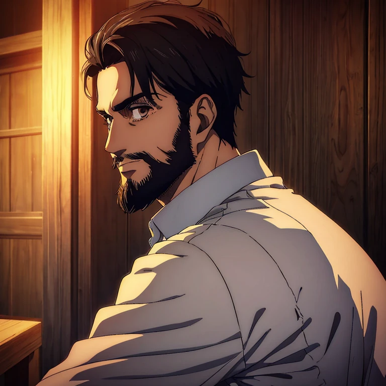 A male character with brown eyes and  with black medium  hair in the Mappa art style. He is depicted in a grey shirt, showcasing a sharp jawline. He has light -stubble beard with small hair.He is also wearing blue shirt. He is also fair. He is also smiling a little. The artwork should have the best quality, with ultra-detailed and realistic features. The color palette should be vivid, and the lighting should emphasize the character's facial structure and expression.