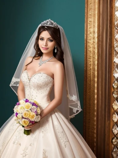 Lebanese lady, earrings, naked, necklace, bracelets, diamonds, 40 years old, strapless wedding dress, tiara and veil, bouquet, portrait, western style wedding, bright colors