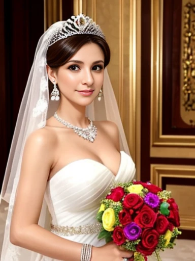 Lebanese lady, earrings, naked, necklace, bracelets, diamonds, 40 years old, strapless wedding dress, tiara and veil, bouquet, portrait, western style wedding, bright colors