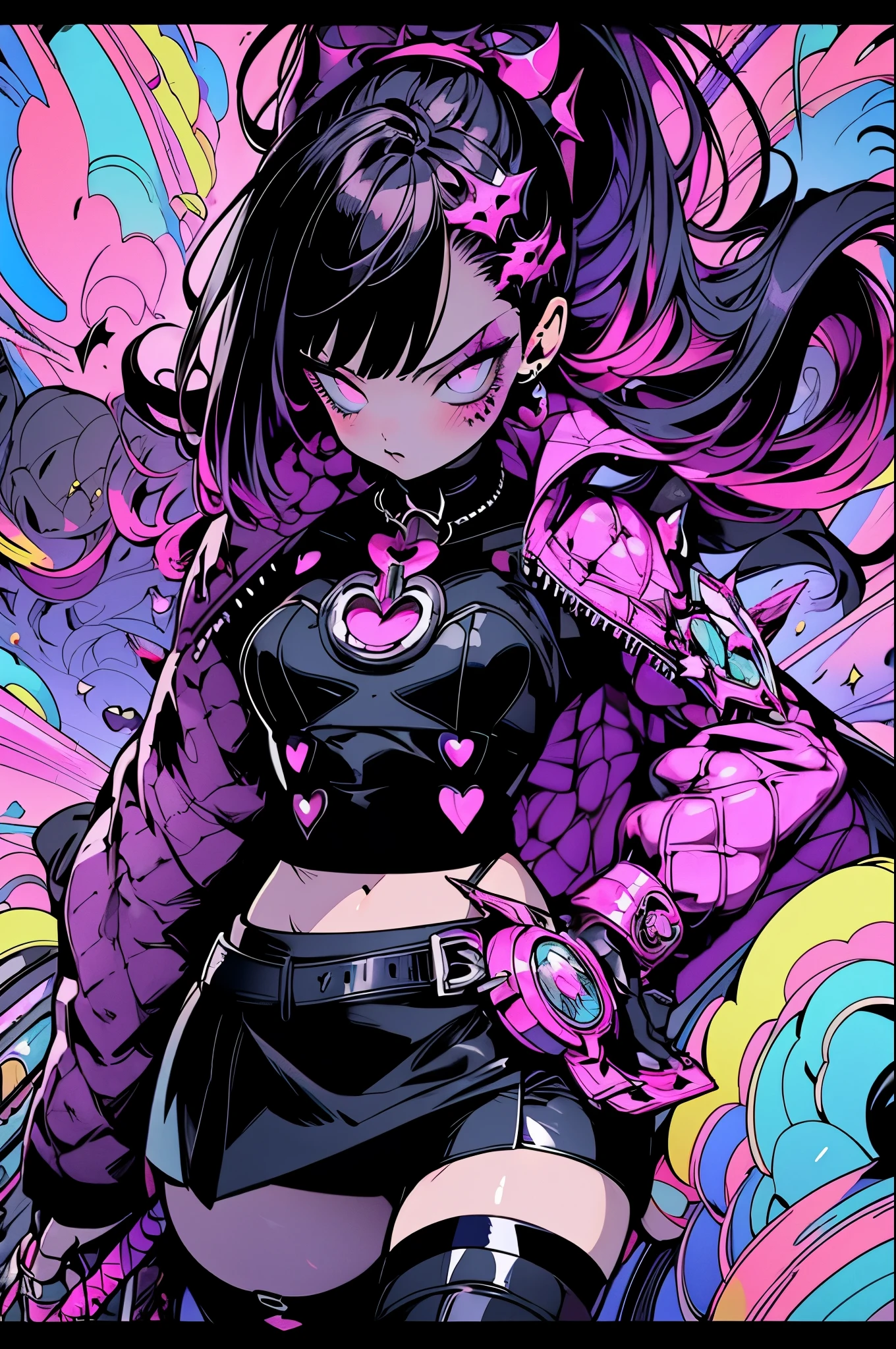 Crea un personaje femenino de anime normal pelo negro ondulado, dos coletas, auriculares morados, color de piel carnita,ojos azules playera rosa y u a falda negra
