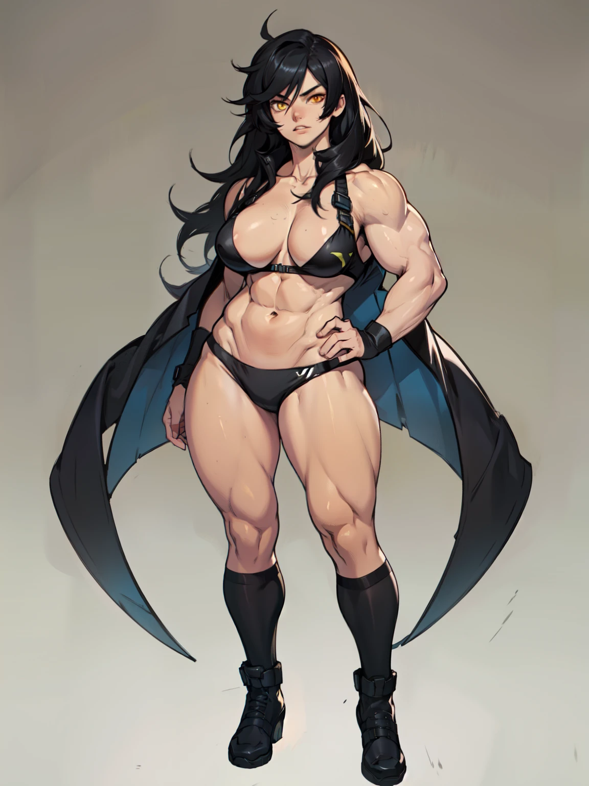 full body full body solo standing skintight (((muscular girl toned body large breasts))) yellow eyes black hair pale skin