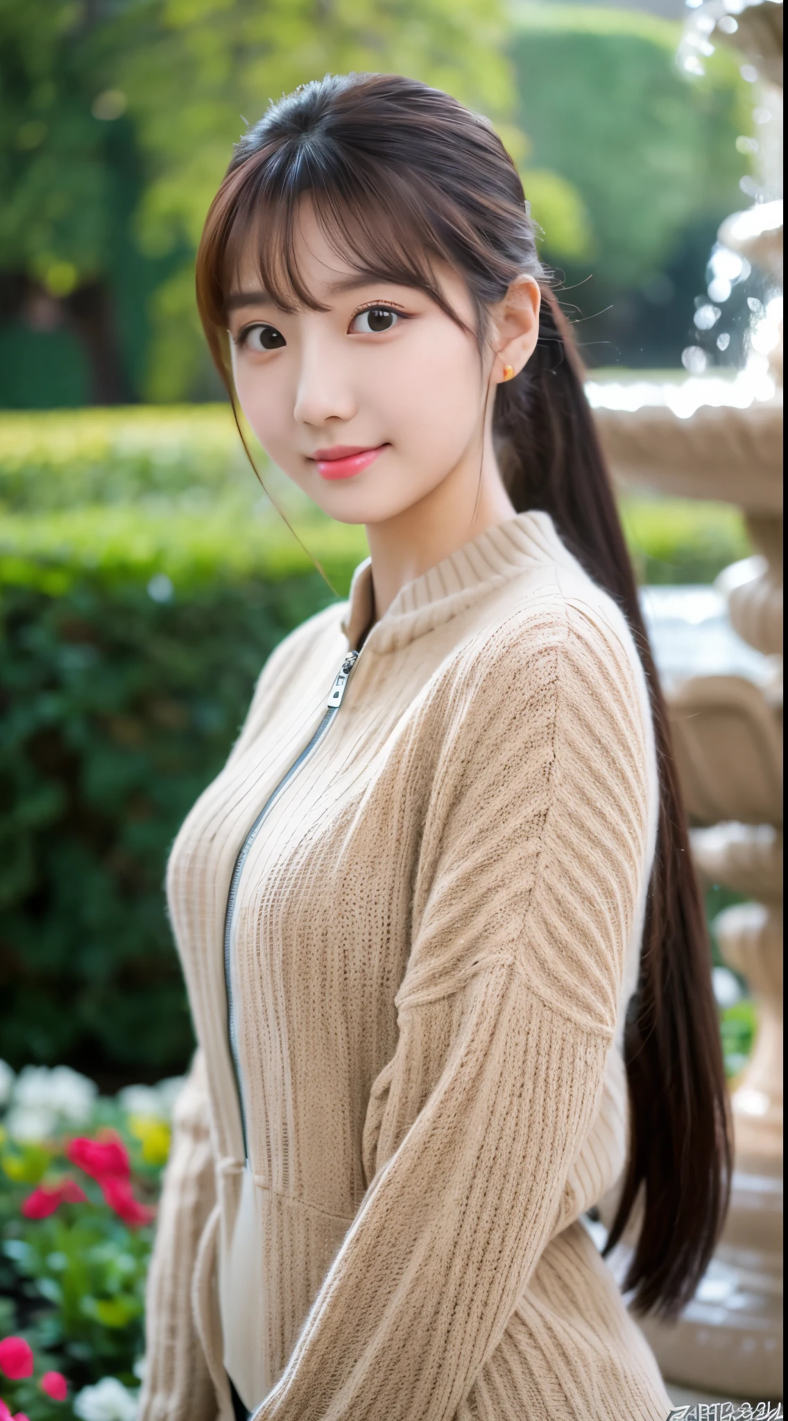 UHD, Extra close-up of cute Korean female,Chest size 32 inches ponytail, hazel eyes, wearing sweater zipper, at the garden, fountain is background, blurred background