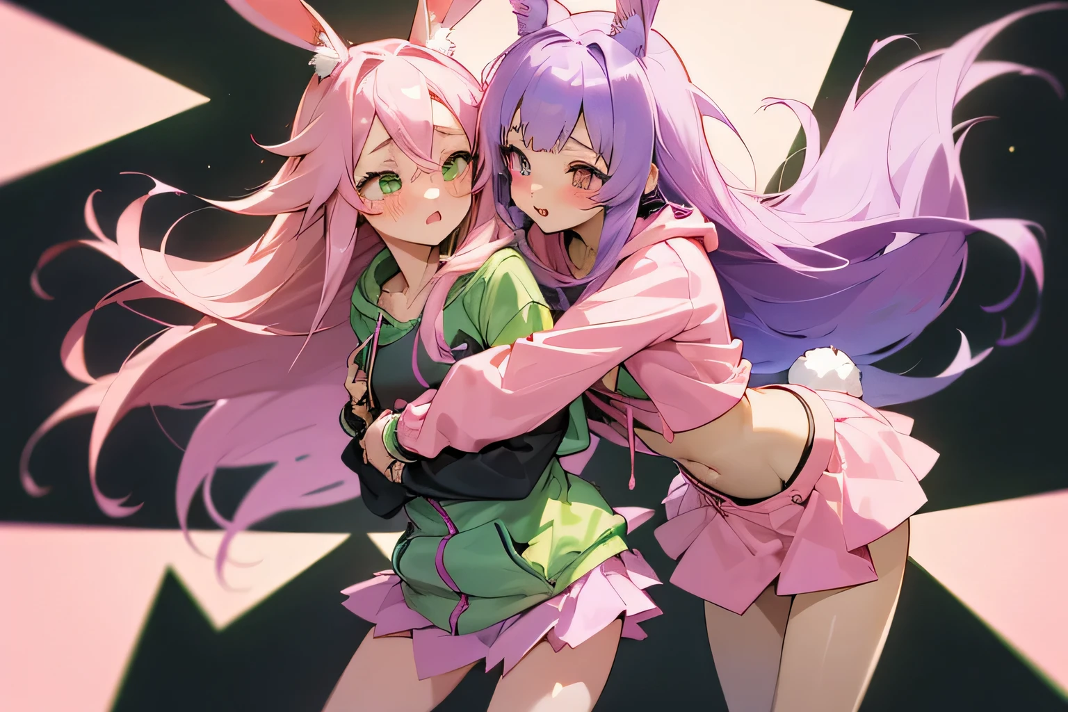 2 girls, 2girls, multiple girls, hugging, (((anime girl, fox girl, fox tail, pink eyes, purple hair, long hair, hip length hair, long flowy hair, young models body, cute, , sexy, mini skirt, crop top, shoulder slip, blushing face, petite body))), hugging, being hugged, standing, hugging, cuddle, (((anime girl, bunny girl, floppy bunny ears, soft pale pink hair, green eyes, waste length hair, pink hoodie, black mini skirt, zipped up hoody, blushing face, , petite body))), hugging girls, cuddling, standing, holding arms, cute, kawaii, sexy, girls, pose, yuri, hugging , hugging from behind, hug from behind, 2girls, multiple girls, HugsAI, kawaii