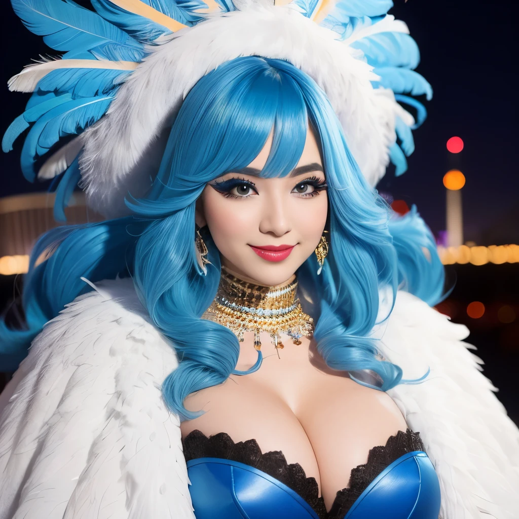 1girl, woman, vegas show, feathers, massive breasts, light blue hair, big hair, vegas at night, smile, heavy makeup, deep makeup, makeup, glam style makeup, eyeliner, mascara