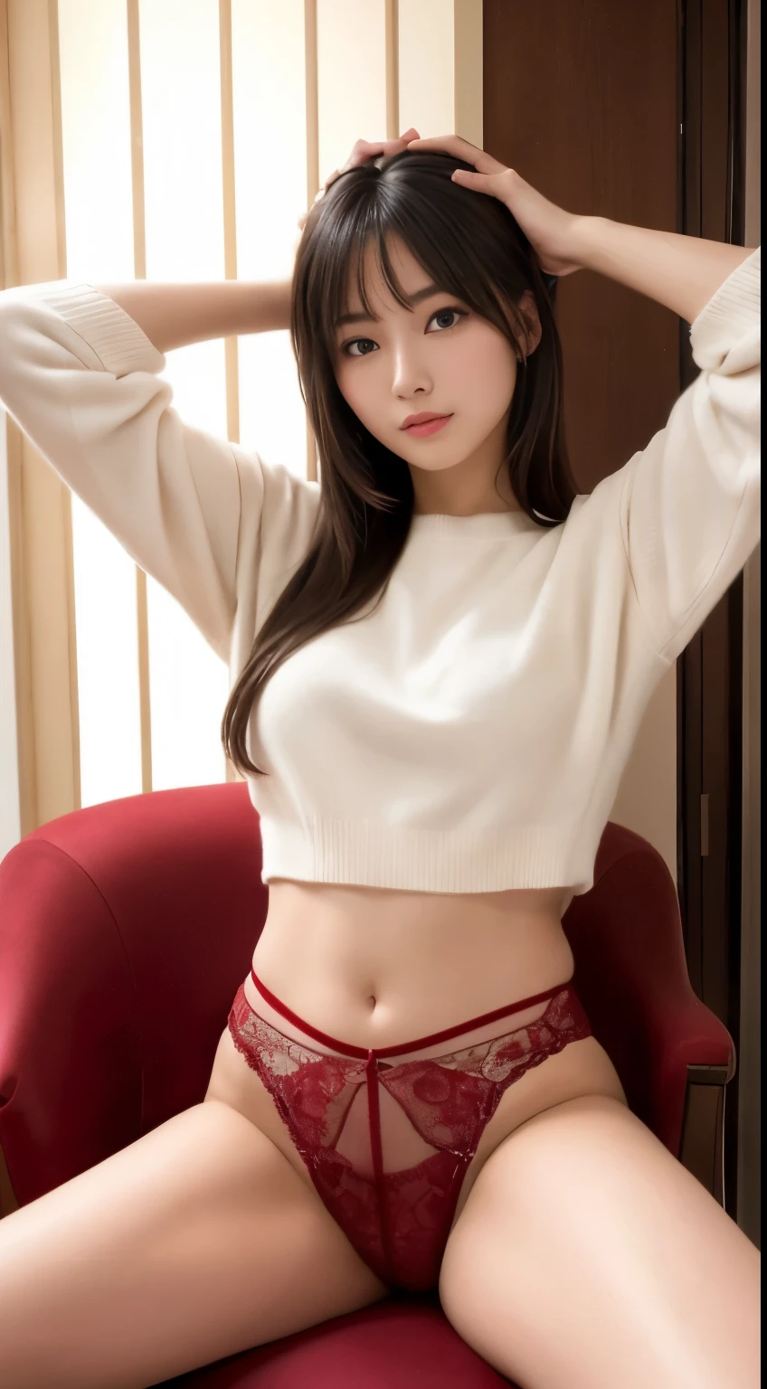 Best-quality, Masterpiece, Ultra-High-Resolution, (Photorealistic:1.4), Raw-Photo, Extremely-Detailed, Perfect-Anatomy,
1girl, 18-years-old, the famous Japanese idol, front view, close-up of crotch, sitting on luxury chair, ((spread legs)), ((hands on head)), ((wearing only extremely sexy-red-laced-panties on lower-body)), ((wearing only extremely stylish white sweater on upper-body)), ((extremely cute face like a most popular Japanese idol, extremely beautiful large-black-solid-circle-eyes, extremely beautiful blonde hair)), extremely beautiful lips, extremely beautiful white skins, extremely beautiful long-eyelashes, extremely beautiful inner-thighs, extremely beautiful legs