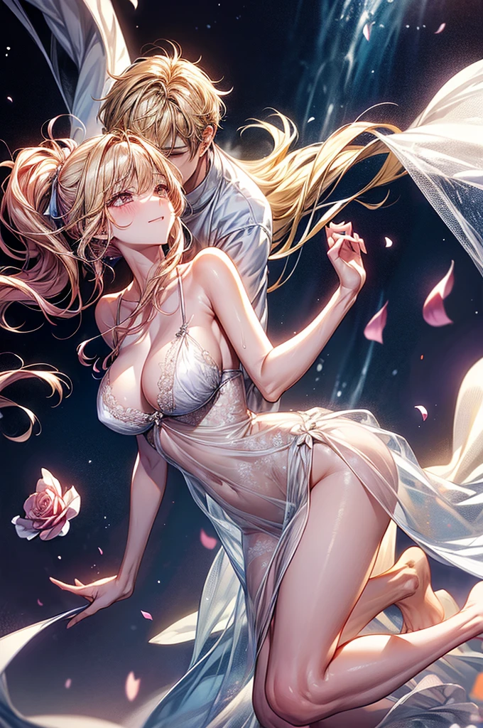 素敵なa couple, kiss、a couple、Lovers、Romance、a coupleポーズ, Engaging pose, kissing together cutely, passionate pose, 素敵なa couple, Full body painting、1 male,((blonde hair, Gold Eyes、Tall、190cm、manly、handsome man、Beautiful shape、Best style、Beautiful prince,Strong body、Sexy costumes、tall、wet gown、Open chest))、1 female((Pink hair,stright long hair、Pink eyes、cute large eyes,優しいa smile、髪にflorals、小柄、huge tit))、Best style、Perfect style、rise、Overflowing、Sheer lace underwear、teats、teatsが透ける、大きいteats、pink areolae、clitoris、Inter-strands)、hug、Grabbing the waist、araffe woman in a white lingerie posing for a picture, lingeries beauty, wearing sexy lingerie, , translucent dress, Translucent body, iridescent shiny sheer lingerie, sexy dress, wavy lingeries, smooth translucent white skin, lingerie, beautiful sexy woman, Sexy style、Transparent Dress, Open V chest clothes, young graceful、florals、floralsに囲まれて、Closely attached、a smile、A slight smil、Gentle eyes、Rosaの湖、roses、Rosa、Rosaが浮かぶ水、blue-sky、Luxurious, beautiful exquisitely gorgeous、The fountain、splash water、shine、kirakira、Luminous water、Crystal clear water、水に浮かぶ色とりどりのflorals、floralsに囲まれて、floralsびら、Full body painting、1 male、1 female