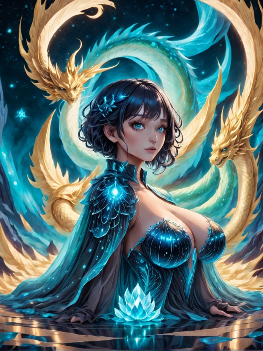 In a medium distance scenario, uma mulher branca de seios fartos, cabelos negros, voluptuosa, sitting on an ethereal throne, acompanhada por um pinguim imperador do seu lado esquerdo, um corvo dourado voando ao fundo, um slime azul em seu colo, an oriental dragon in the background, uma pantera preta a sua direita, starry skies in the background