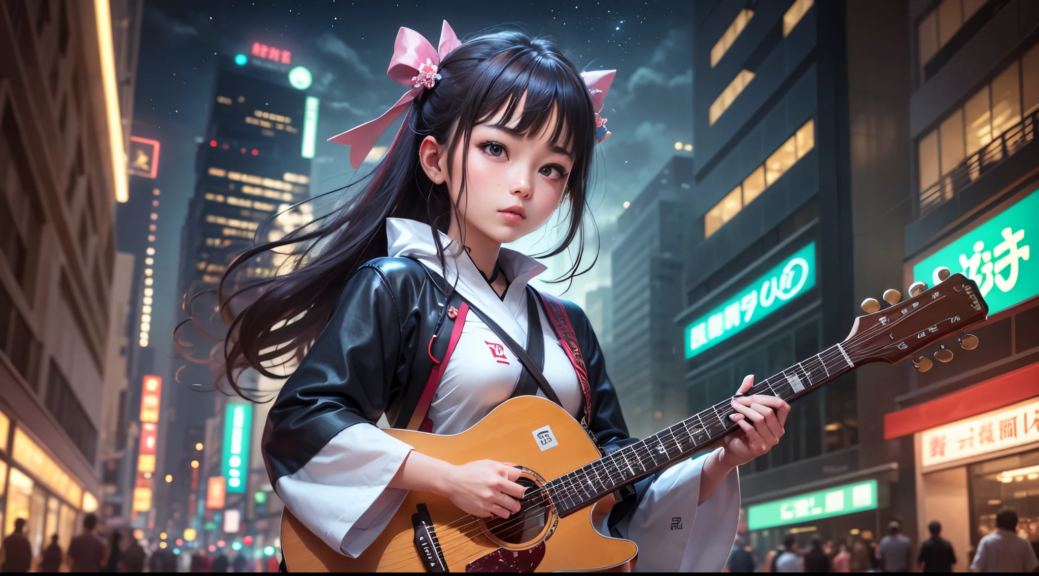 Night falls on the streets of Guangzhou,City neon lights flash in the sky,reflects the busy streets。A young girl stands alone on the sidewalk,There is a guitar next to her。Her face looked quiet and focused through the dim light。 The girl's clothing combines the painting styles of Castiglione and Fan Kuan,Maybe it’s a traditional Hanfu,But with modern fashion elements。Her hair may be blowing in the wind,And her eyes are focused and bright。 she is playing guitar,Musical notes float in the night sky。Guitar details can be brought to life,The notes formed a beautiful arc of notes in the picture as she played and sang.。Guangzhou's buildings and streetscapes can be lightly outlined in the background,Enhance the atmosphere of the city。 --auto --s2