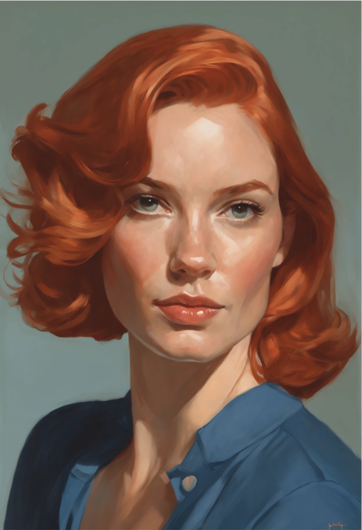 Painting of a red-haired woman with a snub nose and short hair, strip boxing, crew cut, in a blue shirt with a brush and makeup shadows in his hands., detailed color portrait, Phil Noto and james jean, Phil Noto comicbook cover art, Painted portrait of the character, clothed non - nude portrait, hyperrealism concept art, Oil painting of a realistic woman, Phil Noto, Character portrait, Realistic illustrative painting, Portrait of Jean Grey