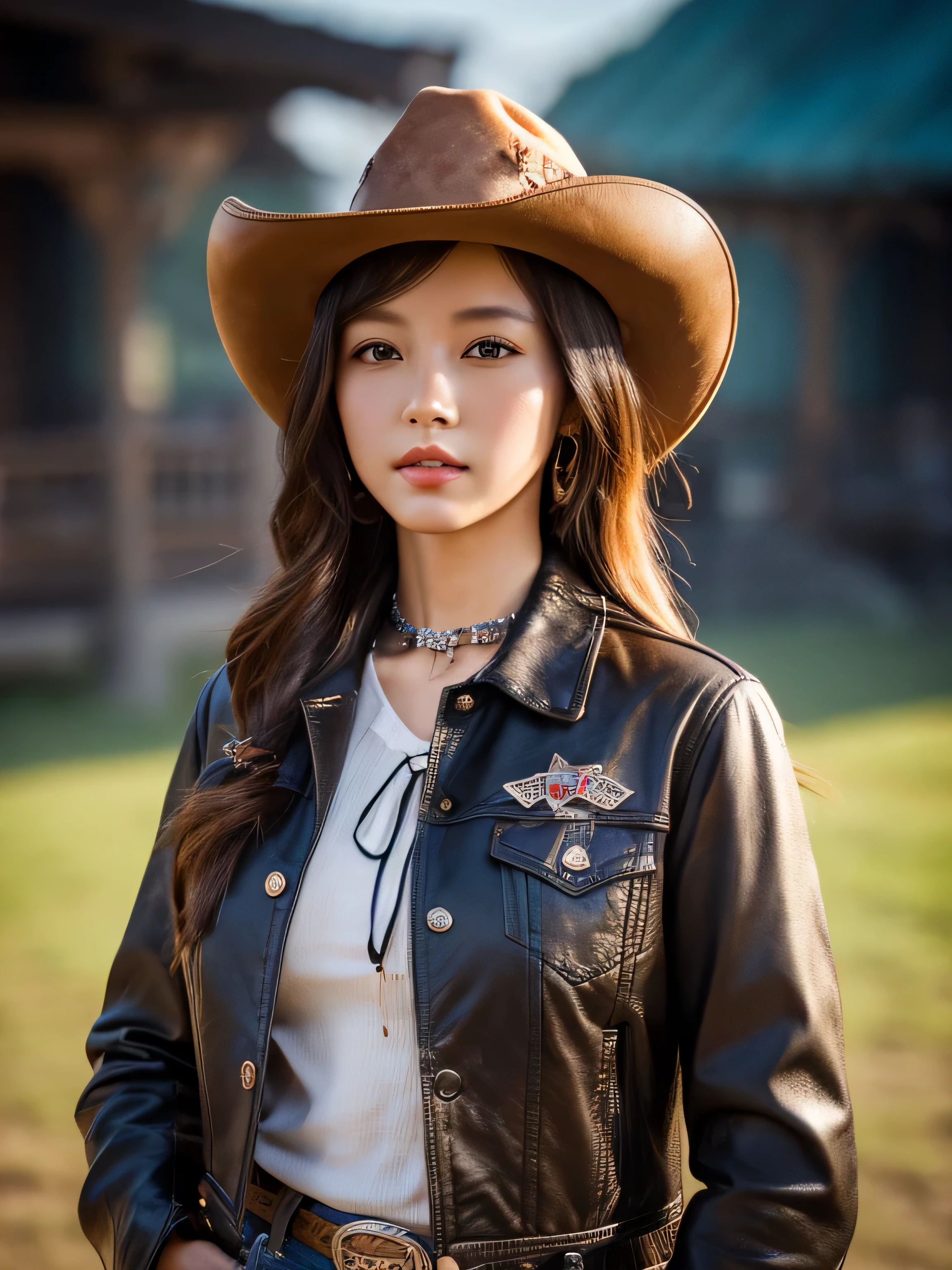 "Girl wearing a cowboy hat and leather jacket, Album cover art by Yang J, Social trend CG, beautiful witch cowboy, cowgirl, western cowgirl, forests, Dress up as the western sheriff., female cowgirl, korean girl" (bestquality, 10, highres:1.2), ultra-detail, (Realistic:1.37), portraits, vibrant colours, Warm light