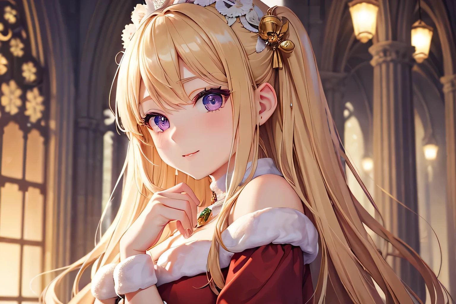 Beautiful blonde precise and detailed two side up hairstyle、Santa Claus Costume、Christmas、absurderes、Emphasis on the chest、Christmas柄のリボン、Cute young lady、独奏、Boobs Boobs Deep and Detailed Eyes、Beautiful, Delicate and detailed purple eyes、Very beautiful and delicate shining eyes、Beautiful smile with attention to detail、;D、beautiful and delicate flowing hair、、Have a gift、Christmasプレゼント、Beautiful delicate and detailed hands、Super beautiful illustration of breasts, delicate, detailed and natural beautiful fingers、to stand、Cute and beautiful, Beautiful face is very delicate and detailed、Notre Dame Cathedral
