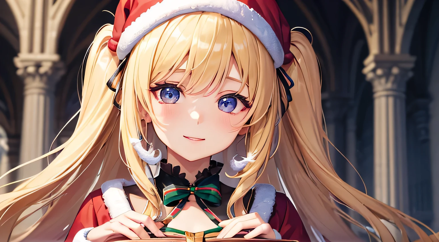 top-quality、Top image quality、masterpiece、teens girl((Christmas、Santa's Hat、18year old、 Ager、Best Bust、big bast,Beautiful wide open light blue eyerest, a blond、A slender,Large valleys、dye one's cheeks red、Reflecting the whole body、Laugh、white christmas gift bags、red cloak、Shy face、embarassed face、sprawl,Leaning forward)),hiquality、Beautiful Art、Background with((my stylish night room、Christmas Wind、Stove、Red carpet on the floor、fireplace、Christmas tree、Red bed、Kotatsu、Christmas present)))、masutepiece、depth of fields,