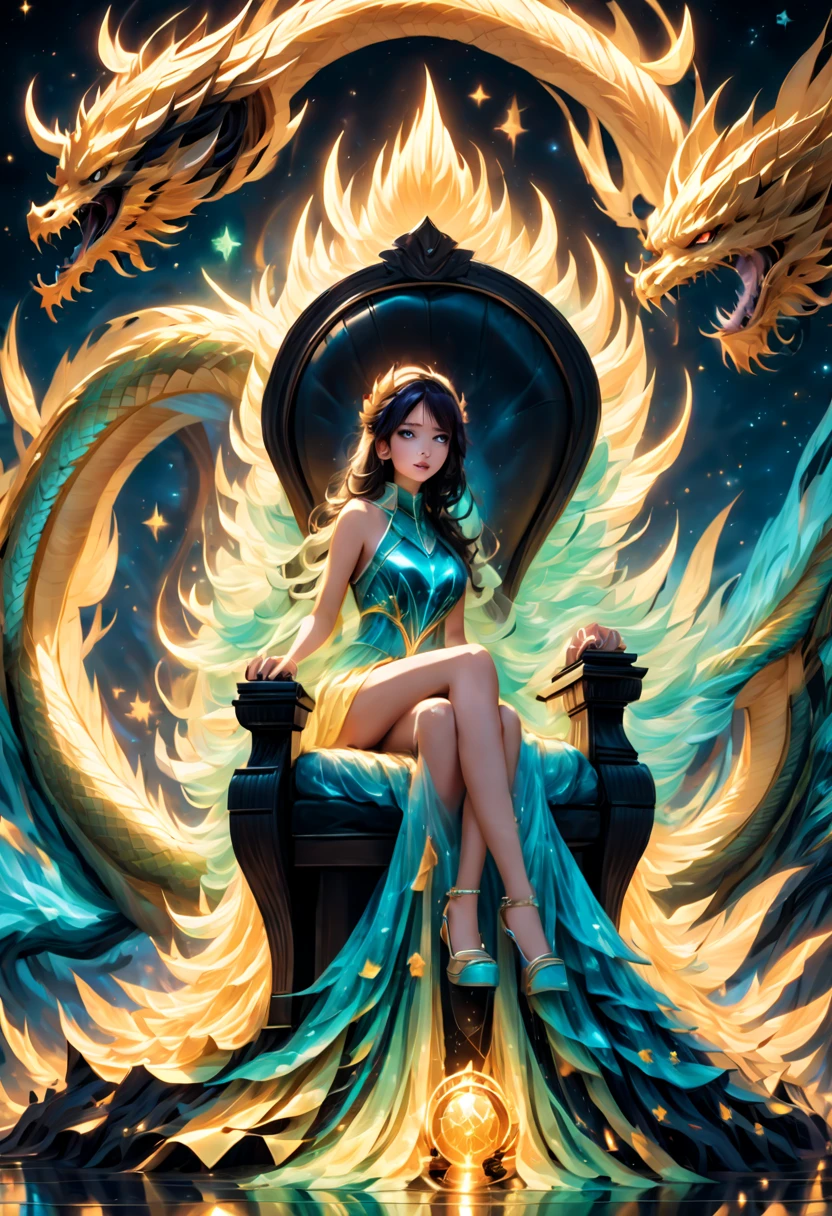 In a medium distance scenario, uma mulher branca de seios fartos, cabelos negros, voluptuosa, sitting on an ethereal throne, acompanhada por um pinguim imperador do seu lado esquerdo, um corvo dourado voando ao fundo, um slime azul em seu colo, an oriental dragon in the background, uma pantera preta a sua direita, starry skies in the background